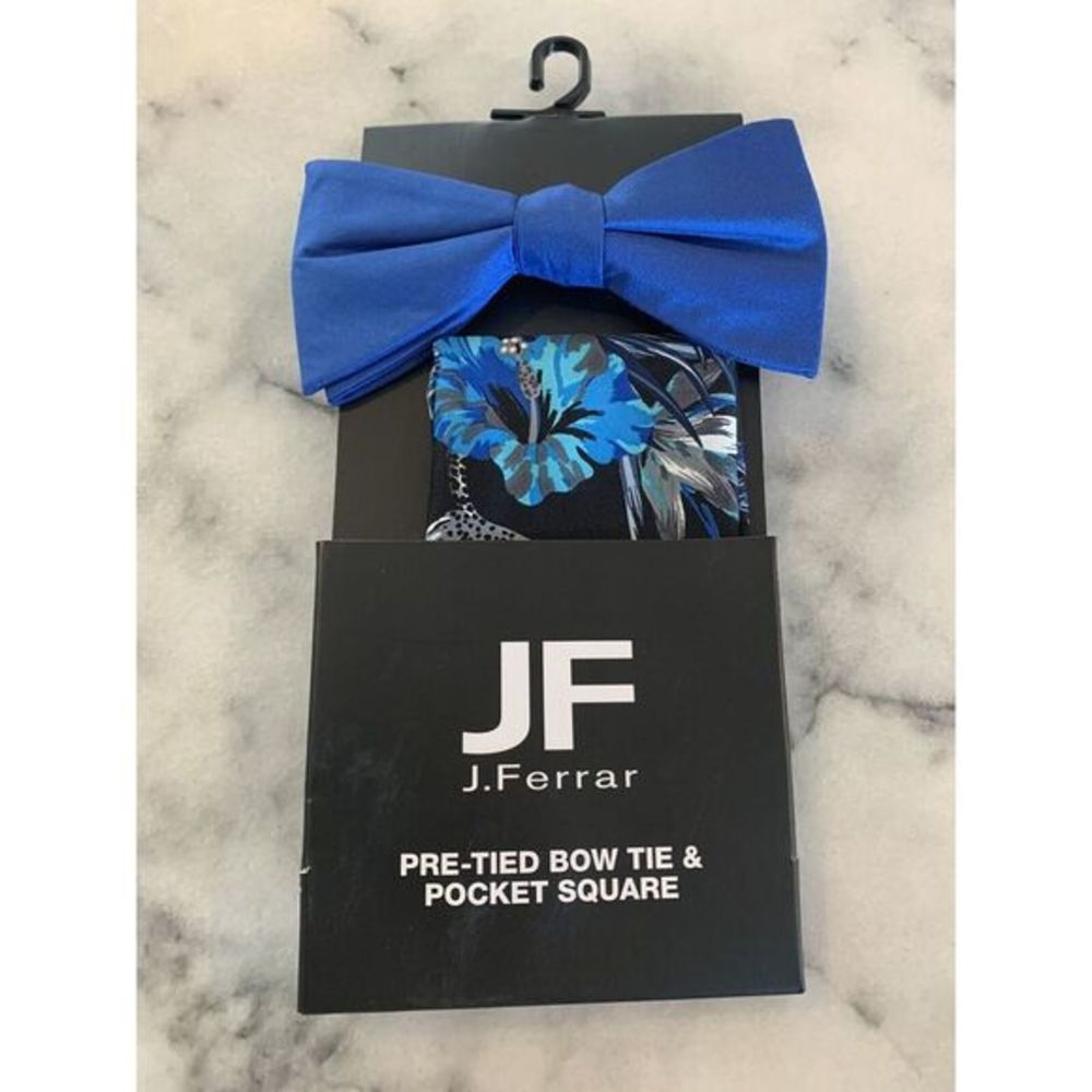 NWT JF J‎ Ferrar Pretied Bow Tie Bowtie Pocket Square Blue Black Floral MSRP $40